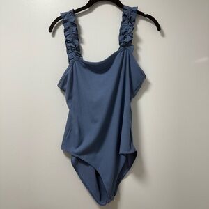 Blue Ruffled Strap Bodysuit // NEW // NWT // Size Large Petite